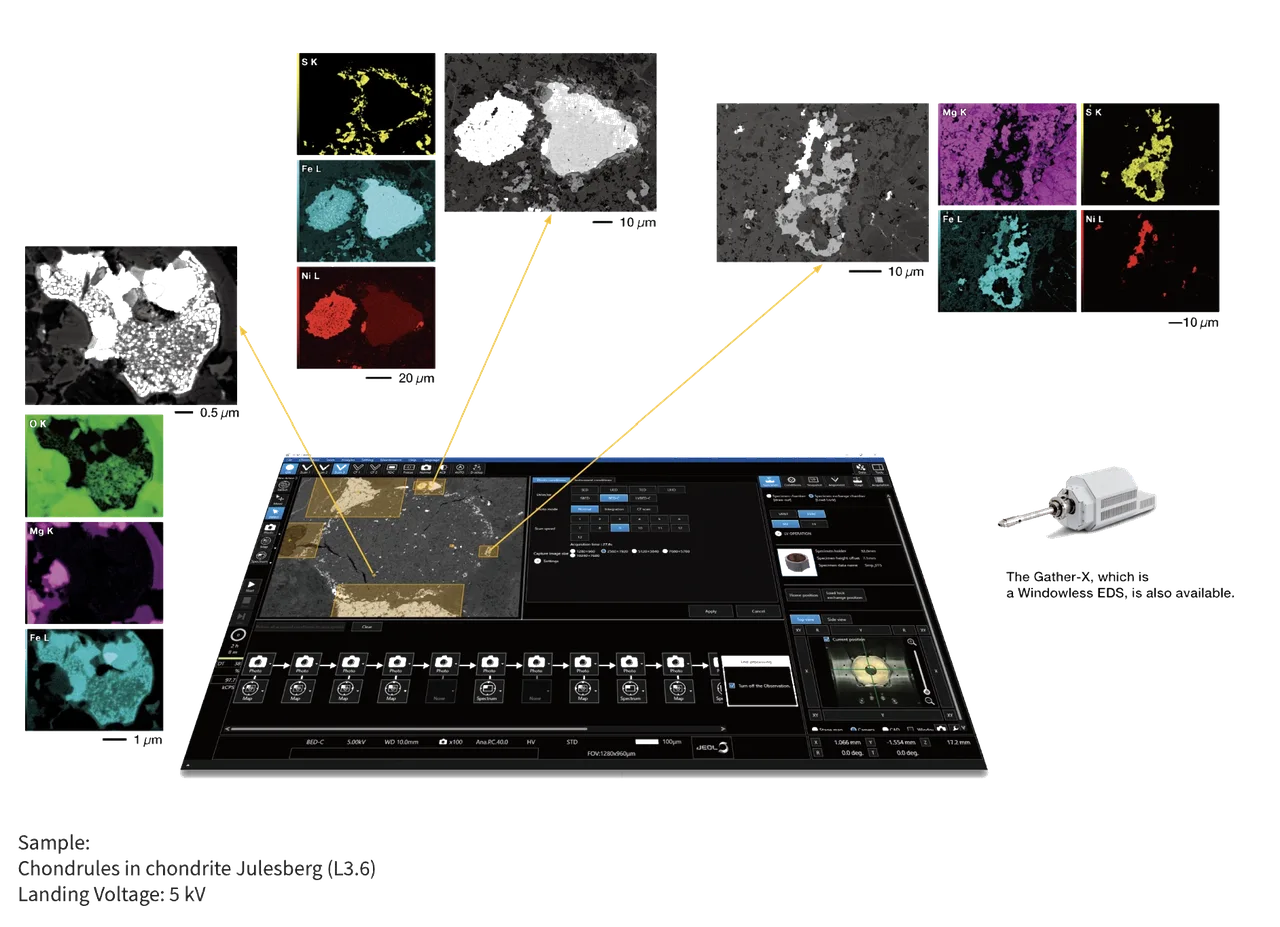 Automated SEM observation and EDS analysis: By setting the analysis conditions and selecting the areas to measure